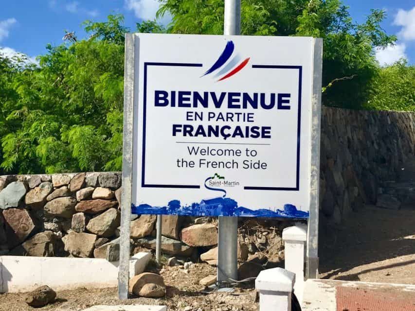 The Bienvenue en partie française sign where the road crosses into French Saint-Martin