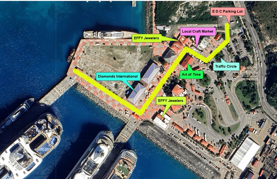 Walking map of the Philipsburg cruise port in St. Maarten: a yellow line runs from the cruise pier through the port village past Diamonds International, EFFY Jewelers, Art of Time, the Local Craft Market and the traffic circle to the EDC parking lot, the Sunita Tours meeting point.